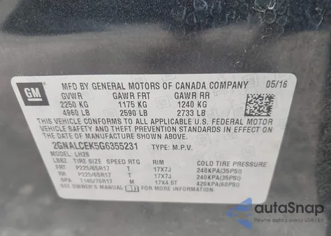2016 Chevrolet Equinox Lt from USA, damaged, VIN 2GNALCEK5G6355231